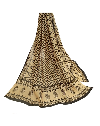 Sanskriti Vintage Long Cream Dupatta Stole Blend Silk Block Printed Wrap Scarves DC-52259-Cream-Block Printed Work-Blend Silk-3