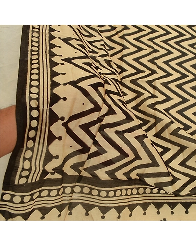 Sanskriti Vintage Long Cream Dupatta Stole Blend Silk Block Printed Wrap Scarves DC-52259-Cream-Block Printed Work-Blend Silk-6