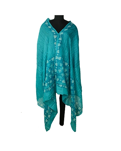 Sanskriti Vintage Blue Long Dupatta Stole 100% Pure Silk Hijab Batik Work Veil DC-52265-Blue-Block Printed Work-Pure Silk-1