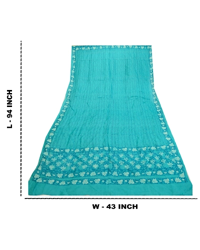 Sanskriti Vintage Blue Long Dupatta Stole 100% Pure Silk Hijab Batik Work Veil DC-52265-Blue-Block Printed Work-Pure Silk-2