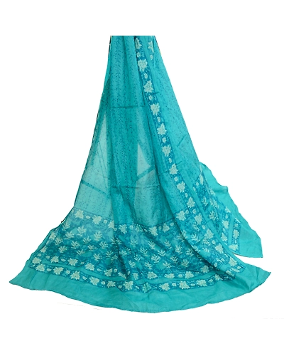 Sanskriti Vintage Blue Long Dupatta Stole 100% Pure Silk Hijab Batik Work Veil DC-52265-Blue-Block Printed Work-Pure Silk-3