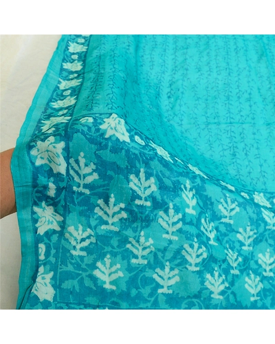 Sanskriti Vintage Blue Long Dupatta Stole 100% Pure Silk Hijab Batik Work Veil DC-52265-Blue-Block Printed Work-Pure Silk-6