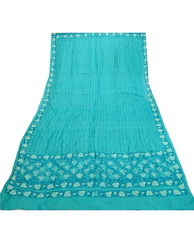 Sanskriti Vintage Blue Long Dupatta Stole 100% Pure Silk Hijab Batik Work Veil DC-52265-Blue-Block Printed Work-Pure Silk-8