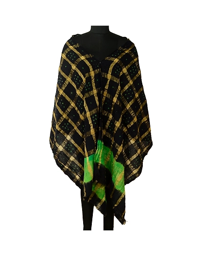 Sanskriti Vintage Long Black Dupatta Stole Pure Cotton Bandhani Woven Hijab DC-52267-Black &amp; Green-Woven Work-Pure Cotton-1