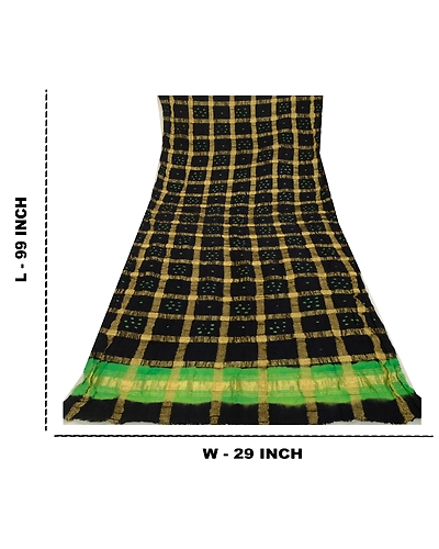 Sanskriti Vintage Long Black Dupatta Stole Pure Cotton Bandhani Woven Hijab DC-52267-Black &amp; Green-Woven Work-Pure Cotton-2