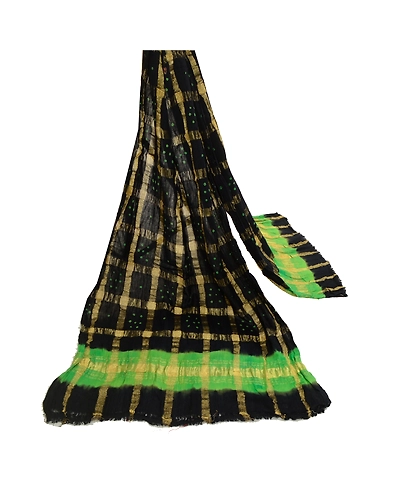 Sanskriti Vintage Long Black Dupatta Stole Pure Cotton Bandhani Woven Hijab DC-52267-Black &amp; Green-Woven Work-Pure Cotton-3