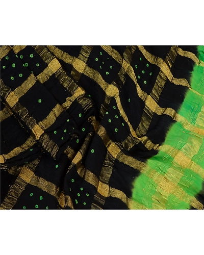 Sanskriti Vintage Long Black Dupatta Stole Pure Cotton Bandhani Woven Hijab DC-52267-Black &amp; Green-Woven Work-Pure Cotton-4