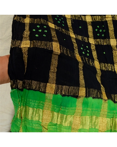 Sanskriti Vintage Long Black Dupatta Stole Pure Cotton Bandhani Woven Hijab DC-52267-Black &amp; Green-Woven Work-Pure Cotton-6