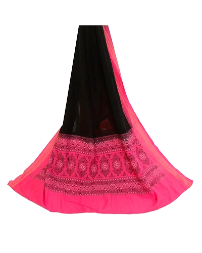 Sanskriti Vintage Long Pink Dupatta Stole Blend Cotton Hijab Woven Wrap Scarves DC-52268-Black &amp; Pink-Woven Work-Pure Cotton-3
