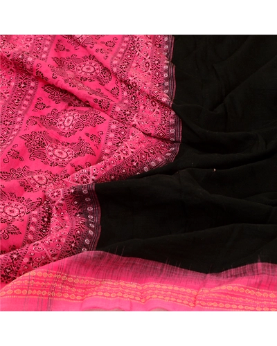 Sanskriti Vintage Long Pink Dupatta Stole Blend Cotton Hijab Woven Wrap Scarves DC-52268-Black &amp; Pink-Woven Work-Pure Cotton-7