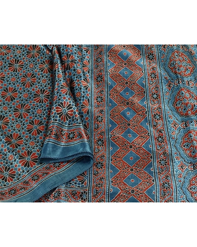 Sanskriti Vintage Dupatta Long Blue Stole Blend Satin Handmade Rare Ajrakh Veil DC-52271-Blue-Ajrakh Work-Blend Satin-3