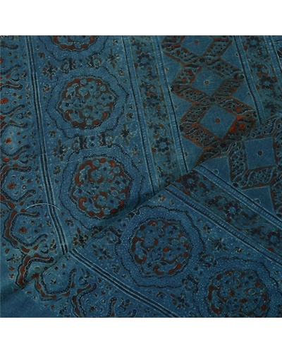 Sanskriti Vintage Dupatta Long Blue Stole Blend Satin Handmade Rare Ajrakh Veil DC-52271-Blue-Ajrakh Work-Blend Satin-5