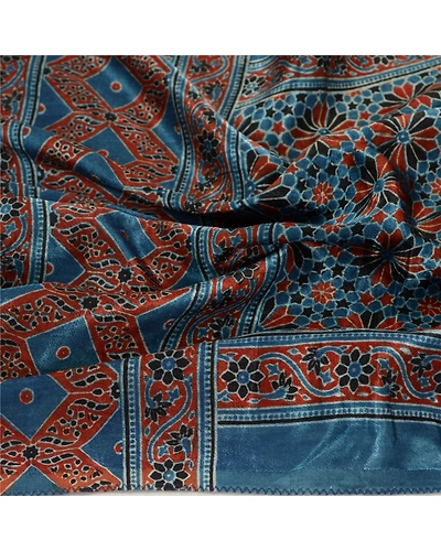 Sanskriti Vintage Dupatta Long Blue Stole Blend Satin Handmade Rare Ajrakh Veil DC-52271-Blue-Ajrakh Work-Blend Satin-7