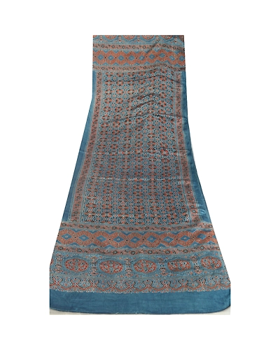 Sanskriti Vintage Dupatta Long Blue Stole Blend Satin Handmade Rare Ajrakh Veil DC-52271-Blue-Ajrakh Work-Blend Satin-8