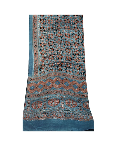 Sanskriti Vintage Dupatta Long Blue Stole Blend Satin Handmade Rare Ajrakh Veil DC-52271-Blue-Ajrakh Work-Blend Satin-9