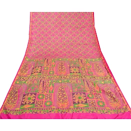 Sanskriti Vintage Pink Sarees Art Silk Printed Zari Woven Sari 5Yd Craft Fabric, PR-55935