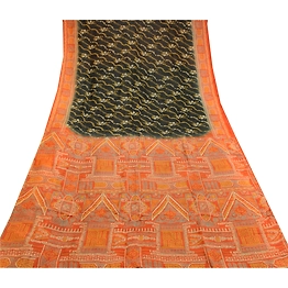 Sanskriti Vintage Black Sarees Printed Pure Silk Sari 5Yd Floral Craft Fabric, PR-58117