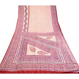 Sanskriti Vintage Sarees Ivory Indian Pure Silk Printed Sari Soft Craft Fabric, PR-62912