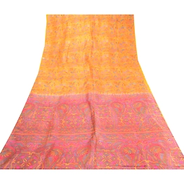 Sanskriti Vintage Sarees Indian Yellow 100% Pure Silk Printed Sari Craft Fabric, PR-63332