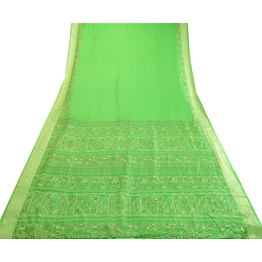 Sanskriti Vintage Sarees Green Printed Pure Silk Sari 5Yd Floral Craft Fabric, PR-63681