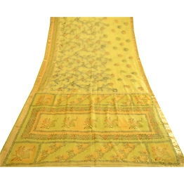 Sanskriti Vintage Sarees Yellow Zari Border Printed Pure Silk Sari Craft Fabric, PR-63686