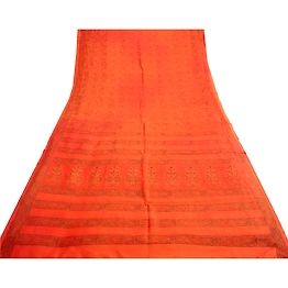 Sanskriti Vintage Sarees Saffron 100% Pure Silk Printed Sari 5Yd Craft Fabric, PR-63648