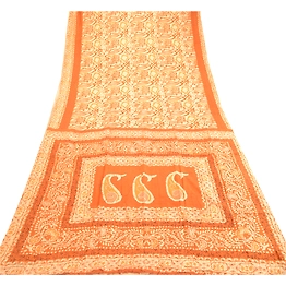 Sanskriti Vintage Sarees Batik Printed Brown Pure Silk Sari Soft Craft Fabric, PR-60845