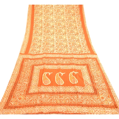 Sanskriti Vintage Sarees Batik Printed Brown Pure Silk Sari Soft Craft Fabric, PR-60845