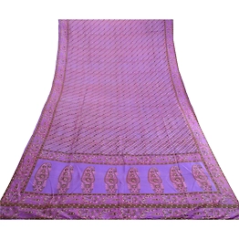 Sanskriti Vintage Sarees Lavender Pure Silk Printed Sari Soft 5Yd Craft Fabric, PR-63493