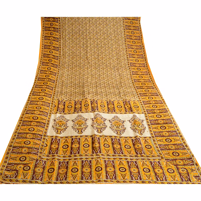 sanskriti vintage yellow sarees printed pure silk sari floral 5yd craft fabric, pr-58070