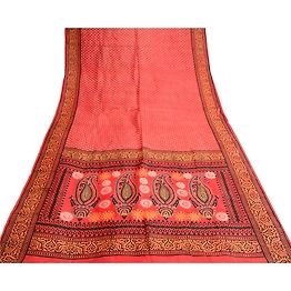 Sanskriti Vintage Red Indian Sarees Printed Pure Silk Sari 5Yd Soft Craft Fabric, PR-58060