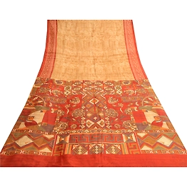 Sanskriti Vintage Golden Sarees Printed Pure Silk Sari Floral 5Yd Craft Fabric, PR-58024