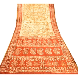 Sanskriti Vintage Sarees Cream Batik Printed Zari Border Pure Silk Sari Fabric, PR-61261