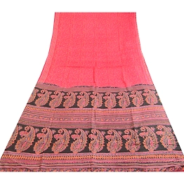 Sanskriti Vintage Sarees Red Indian Pure Silk Printed Sari Soft 5Yd Craft Fabric, PR-63557