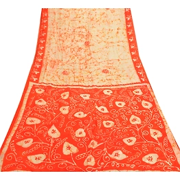 Sanskriti Vintage Cream Sarees Indian Pure Silk Batik Printed Sari Craft Fabric, PR-55054