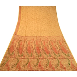 Sanskriti Vintage Beige Indian Sarees Pure Silk Printed Sari Floral Craft Fabric, PR-58301