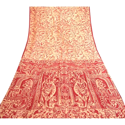 Sanskriti Vintage Sarees Dark Red Indian Pure Silk Printed Sari 5Yd Craft Fabric, PR-61863
