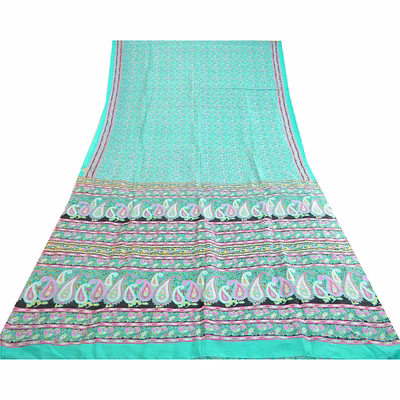 sanskriti vintage sarees sea-green pure silk printed sari soft 5yd craft fabric, pr-63578