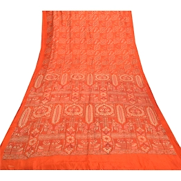 Sanskriti Vintage Orange Sarees Pure Silk Human Peacock Print Sari Craft Fabric, PR-54872