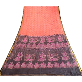 Sanskriti Vintage Sarees Peach Zari Border Pure Silk Printed Sari Craft Fabric, PR-63604