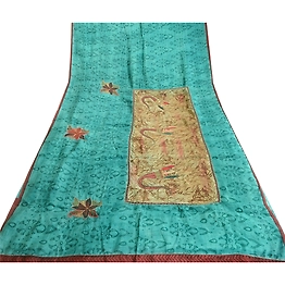 Sanskriti Vintage Sarees Green 100% Pure Silk Printed Sari Craft 5 Yard Fabric, PR-63546