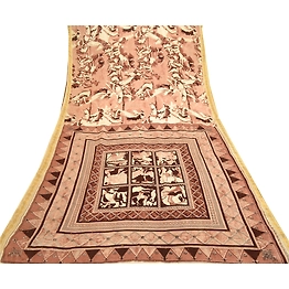 Sanskriti Vintage Sarees Brown Pure Silk Printed Zari Border Sari Craft Fabric, PR-61556