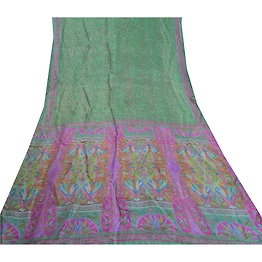 Sanskriti Vintage Green Indian Sarees 100% Pure Silk Printed Sari Craft Fabric, PR-56096