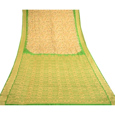 Sanskriti Vintage Sarees Green Pure Silk Printed Sari Floral 5Yd Craft Fabric, PR-58882