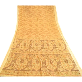 Sanskriti Vintage Sarees Beige Pure Silk Printed Sari Floral 5Yd Craft Fabric, PR-60593