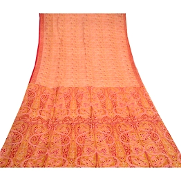 Sanskriti Vintage Mustard Indian Sarees 100% Pure Silk Printed Sari Craft Fabric, PR-58138