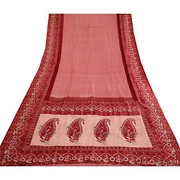 Sanskriti Vintage Sarees Dark Red Human Printed Pure Silk Sari Soft Craft Fabric, PR-63718