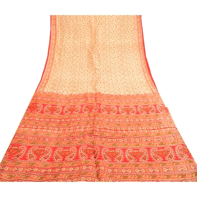 Sanskriti Vintage Sarees Cream Indian Cream Pure Silk Printed Sari Craft Fabric, PR-61323