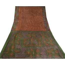 Sanskriti Vintage Brown Printed Sarees Pure Silk Sari Floral 5Yd Craft Fabric, PR-58821