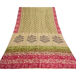Sanskriti Vintage Cream Sarees Pure Silk Printed Sari Decor 5 Yd Craft Fabric, PR-53297